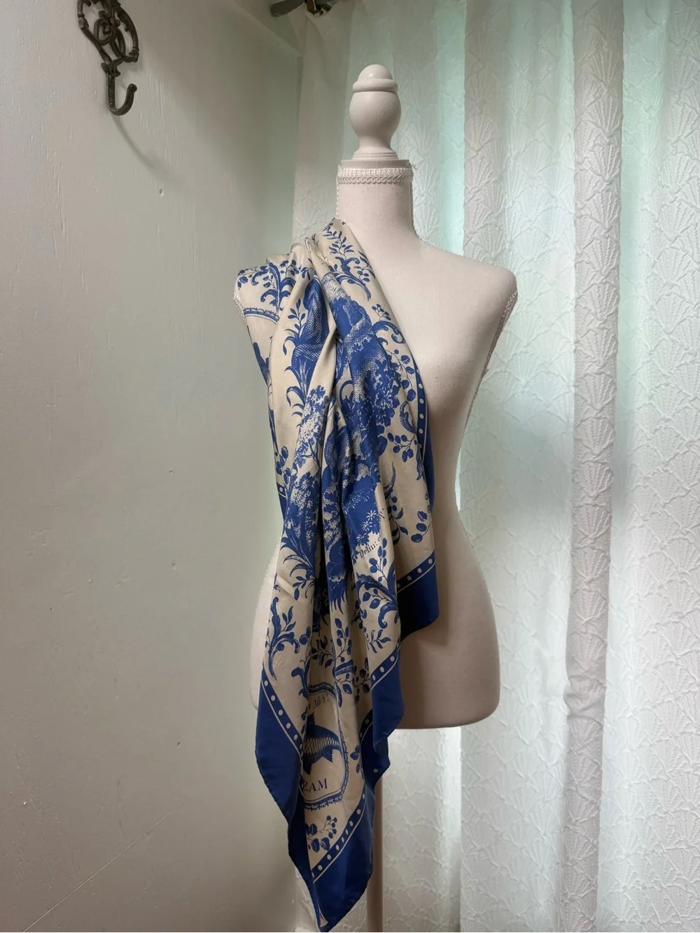 Blue and Cream Floral Silk-Feel Scarf Wrap